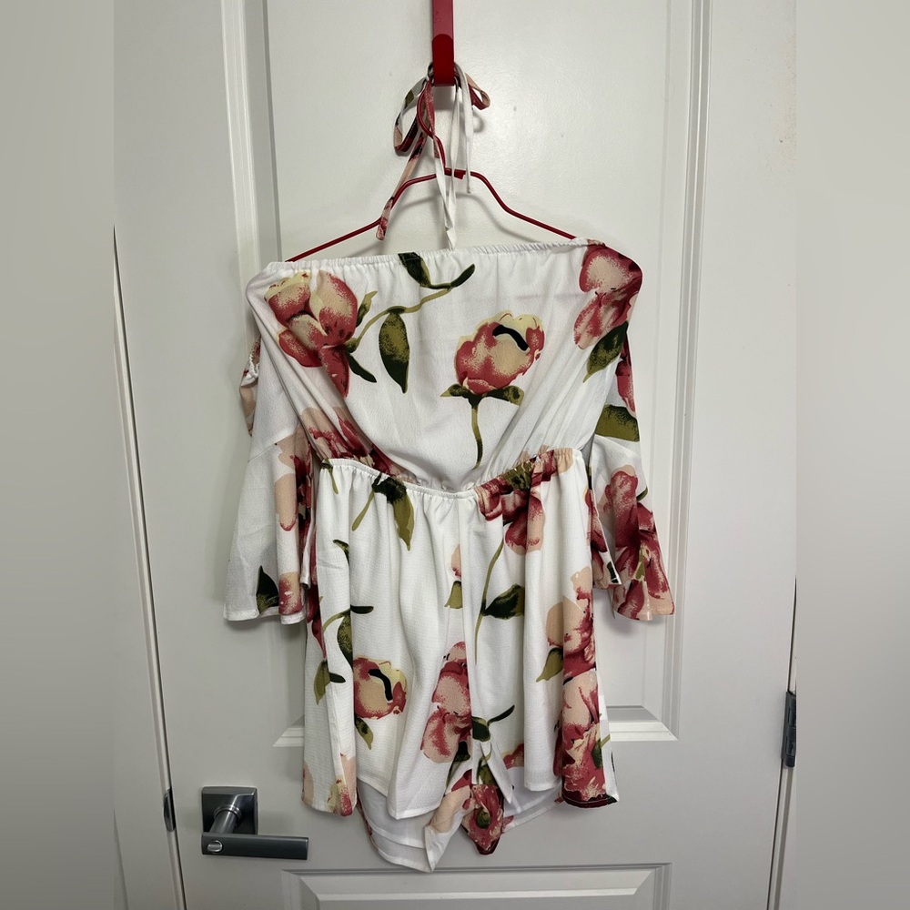 ROMWE New White Romper with Red and Green Floral Design in size M
